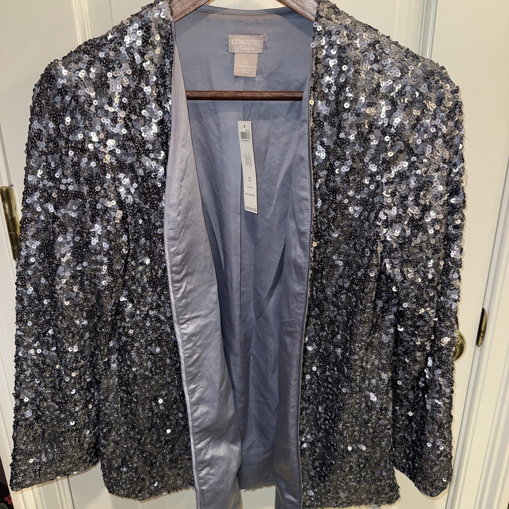 Chicos Travelers Jacket Cardigan Womens‎ Size 4/6 Gray Silver Open Front Sequins